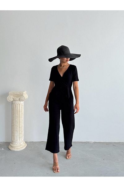 BEJNA Black Double-breasted Collar Women's Jumpsuit