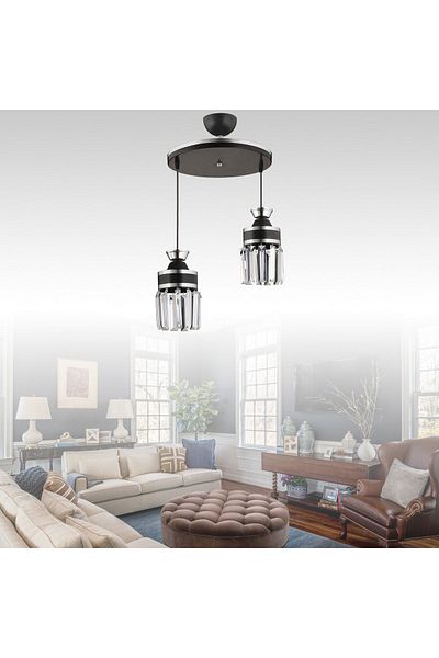 SONSUZ AYDINLATMA&AVİZE Tokyo 2-Piece Black Pendant Lamp Crystal Stone Chrome Strip Cylinder Downward Facing Luxury Chandelier