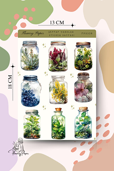 Flowery Paper Şeffaf Vazolar Sticker Sayfası - Defter,Ajanda ,Journal,Scrapbo...