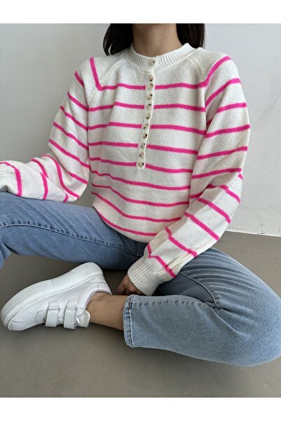 BEJNA Women's Fuchsia Collar Buttonhole Striped Knitwear Sweater