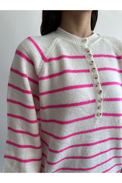 BEJNA Women's Fuchsia Collar Buttonhole Striped Knitwear Sweater