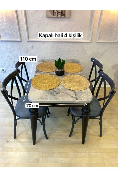 Butik Eko Kelebek Masa High Gloss Antresit Mermer 4 Kişilik Mutfak Açılır Masa Sandalye Takımı