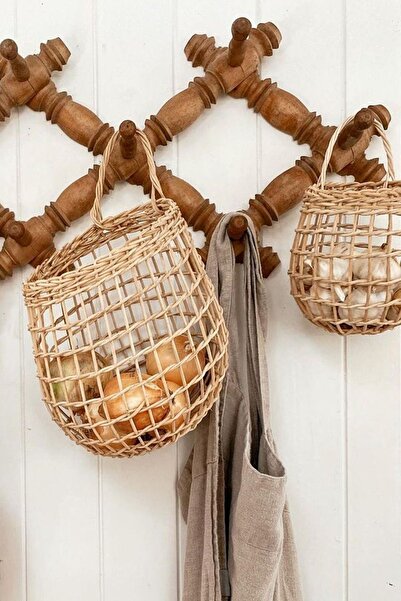 afralya home Çok Amaçlı Sepet 2'li Askı Sepet Dekoratif Hasır Sepet Duvar Süsü Poşetlik Meyvelik File Dekor