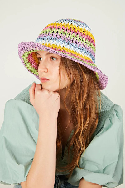 MARBERRY Straw Women's Hat - Multicolored Lilac Hand Knitted