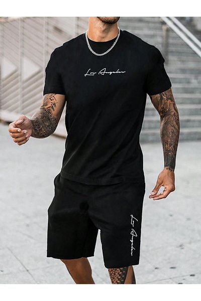 DAXİS Sportwear Company Горнище и долнище с мъжка тениска и къси панталони с щамповано кръгло деколте