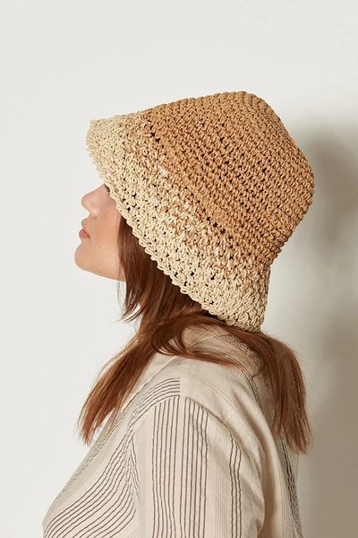 MARBERRY Women's Straw Hat - Camel Beige, Knitted Detail