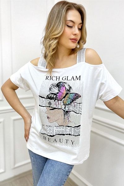 RICH GLAM Large Size White Off Shoulder Printed Crystal Stone Cotton Women's T-shirt