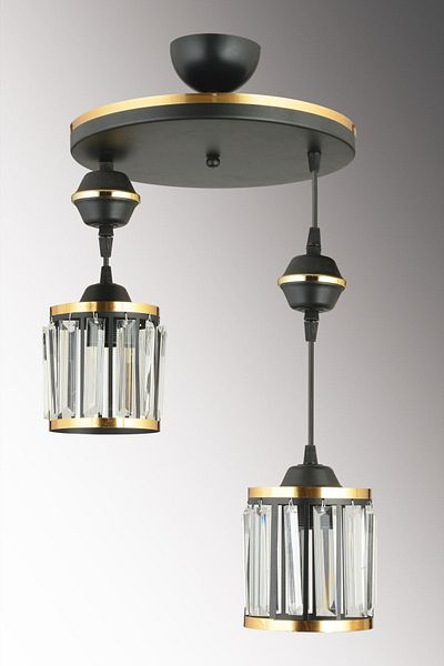 SONSUZ AYDINLATMA&AVİZE 2-Piece Black Pendant Lamp with Crystal Stone and Yellow Strip Cylinder Downward Facing Luxury Chandelier