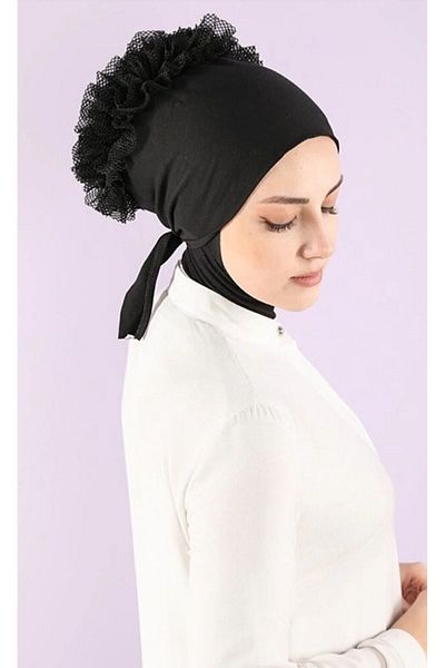 feronis Hijab Women's Black Frilly Bun Bonnet