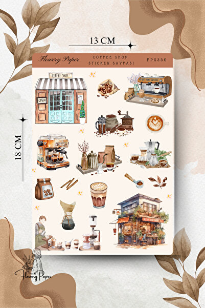 Flowery Paper Coffee Shop Sticker Sayfası - Defter,Ajanda ,Journal,Scrapbook,...