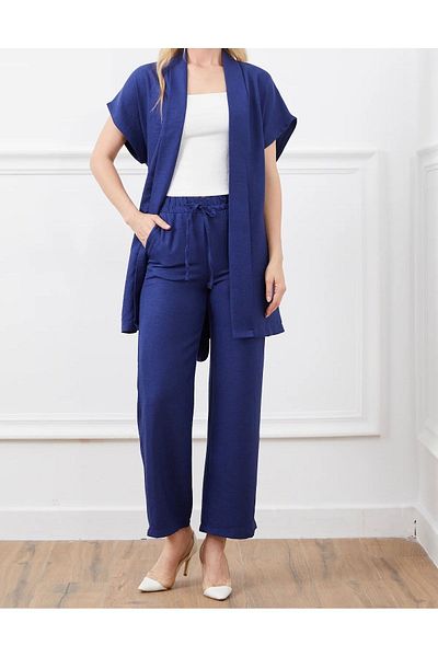 Heyya Navy Blue Linen Vest and Trousers Set - Women