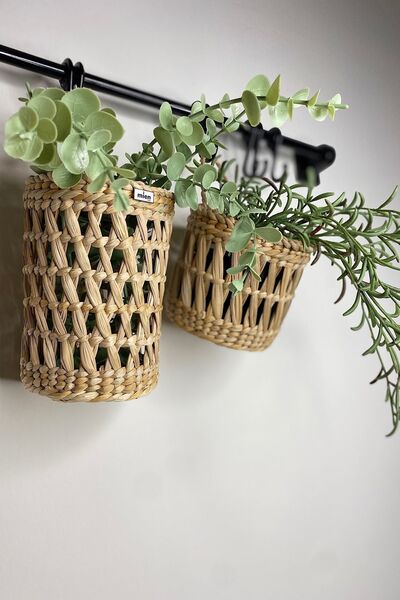 MİEN HOME Dekoratif Çok Amaçlı Doğal El Yapımı 2'li Hasır Saksı Sepet / 10x10cm