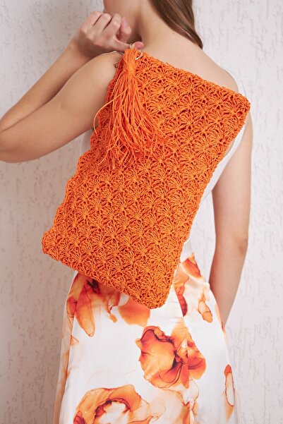 ANJEA Louvre El Örgü Şık Püskül Detay Günlük Ve Plaj Çantası