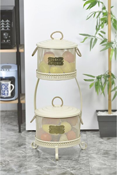 Evistro Metal Standlı 2 Katlı Delikli Patates Soğan Saklama Kovası Krem