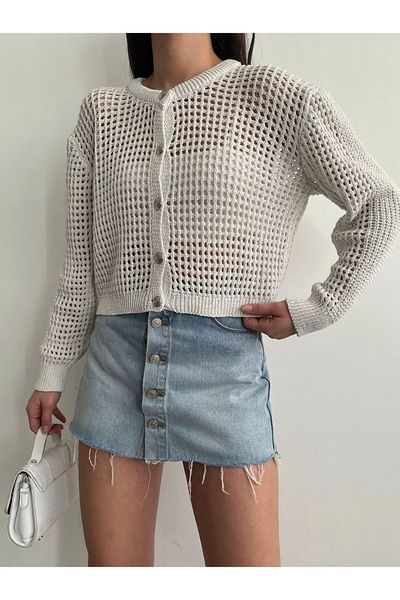 BEJNA Ecrufarbene Strickjacke mit Glitzerdetail für Damen