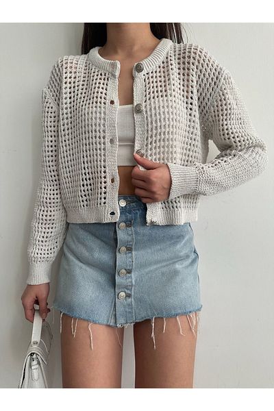 BEJNA Ecrufarbene Strickjacke mit Glitzerdetail für Damen