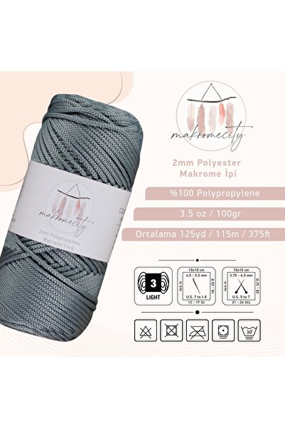 Makromecity Premium 100 Gr Polyester Makrome Ipi Gri 2mm - 120 M Supla Ip Ve Çanta Ipliği