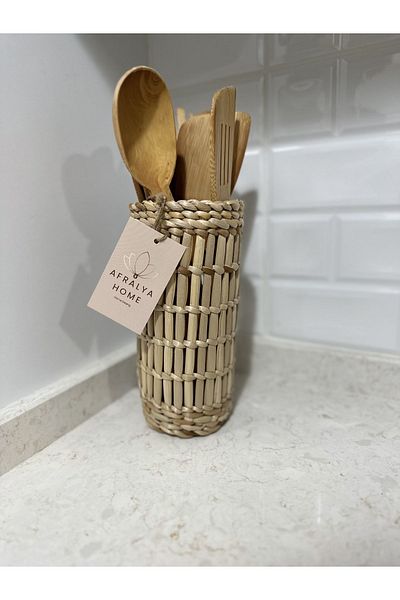 AFRALYAHOME Διακοσμητικό ψάθινο καλάθι πολλαπλών χρήσεων με πλάτος 20 cm - Μαχαιροπήρουνα, κουτάλια και οργάνωση πάγκου