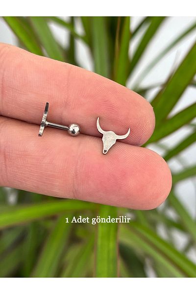 Karınca Piercing Silver Colored Bull Surgical Piercing - Tragus Helix Lip Cartilage Flat Ear Earrings