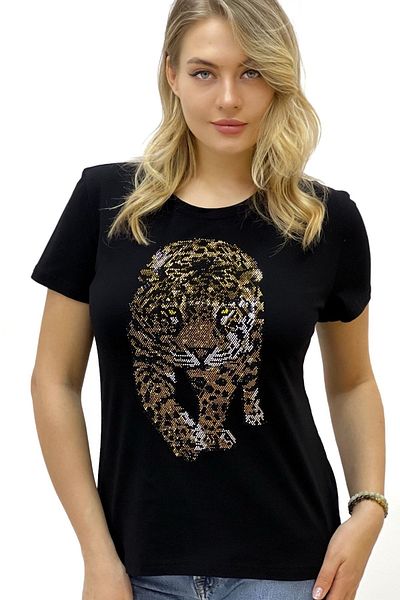 RICH GLAM Tiger Crystal Stone Plus Size Crew Neck Black Cotton Women's T-shirt