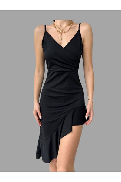 WOMAN VISION Rochie de seară din crepon negru cu volan asimetric Rochie de seară - 2058