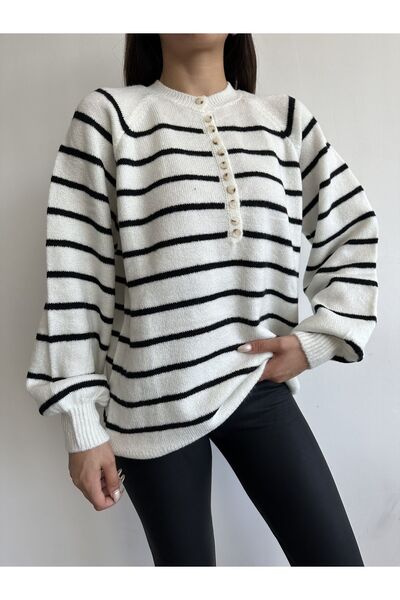 BEJNA Pulover de damă, cu guler negru, în dungi, cu butoniere