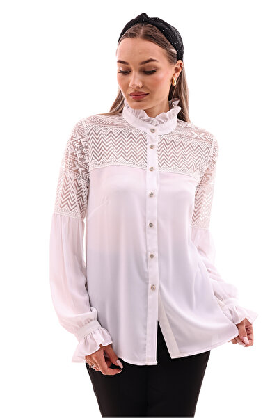 Loom Boutique Büyük Beden Antik Desen Güpür Dantelli Krep Gömlek G0008