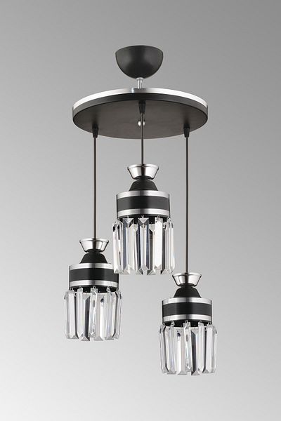 SONSUZ AYDINLATMA&AVİZE Tokyo 3-Piece Black Pendant Lamp Crystal Stone Chrome Strip Cylinder Downward Facing Luxury Chandelier