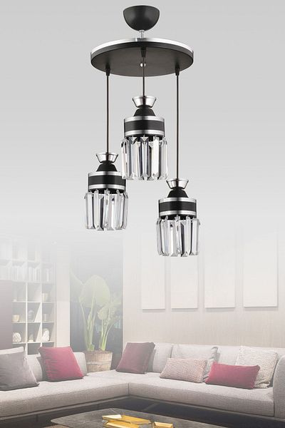 SONSUZ AYDINLATMA&AVİZE Tokyo 3-Piece Black Pendant Lamp Crystal Stone Chrome Strip Cylinder Downward Facing Luxury Chandelier
