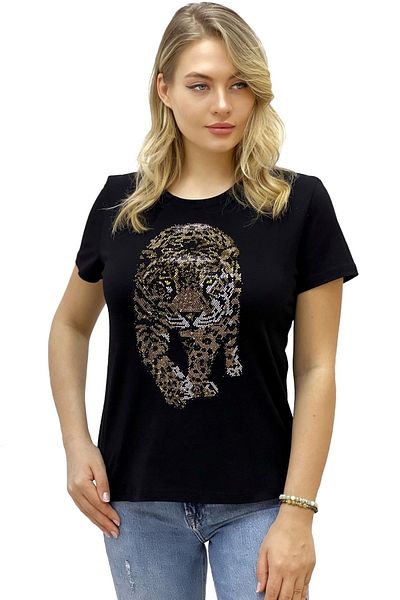 RICH GLAM Tiger Crystal Stone Plus Size Crew Neck Black Cotton Women's T-shirt
