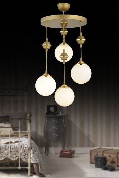 SONSUZ AYDINLATMA&AVİZE Pendant Lamp Tray Antique 4-Piece White Ball Glass Downward Facing Luxury Chandelier