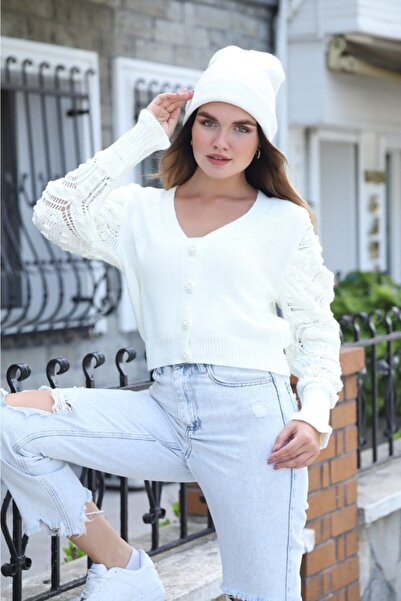 BEJNA Ecru Women's Knitwear Cardigan - Sleeve Detailed