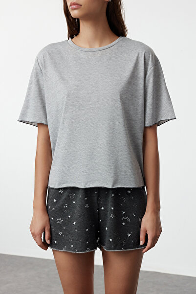 Trendyol Collection Bavlněný pyžamový set s šedým melanžovým vzorem Galaxy - THMSS24PT00203
