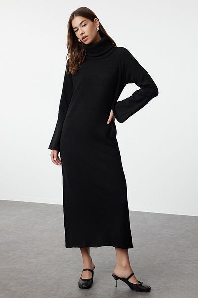 Trendyol Modest Long Soft Textured Black Turtleneck Knitwear Dress - TCTAW25EB00009