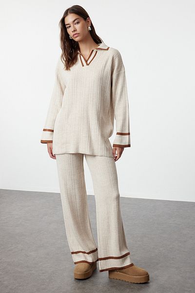 Trendyol Modest Πλεκτά Πλεκτά Πλεκτά Πουλόβερ Παντελόνι Καφέ Σετ TCTAW25US00015