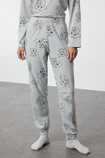 Trendyol Collection Sada pyžama se zvířátkovým vzorem z bavlněného šedého melanže - THMAW25PT00020