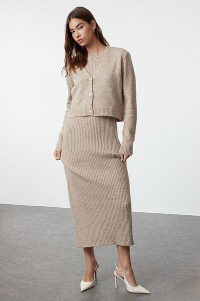 Trendyol Modest Light Brown Soft Knitwear Ribbed Dress and Cardigan Set - TCTAW25US00049