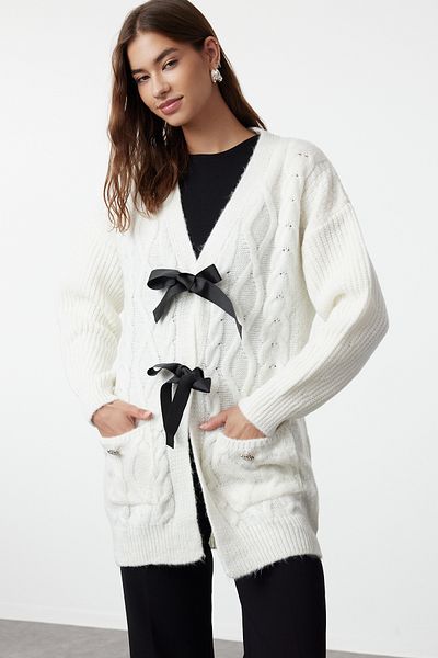 Trendyol Modest Πλεκτή ζακέτα με πέτρινη κορδέλα - Πέτρα Κουμπί, TCTAW25TH00015
