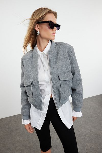 Trendyol Collection Šedý kabát Bomber Jacket - razítko, TWOAW25MO00085