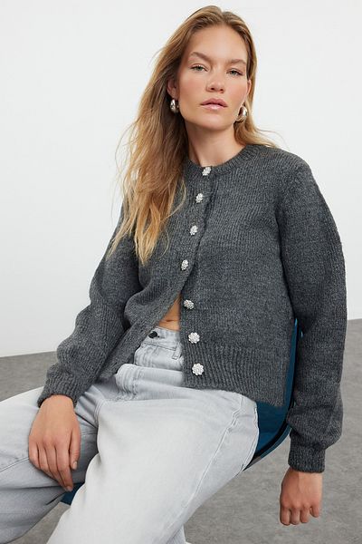 Trendyol Collection Kardigan Jewel Buttoned Anthracite Knitwear - Miękka faktura Twoaw21Hi0034