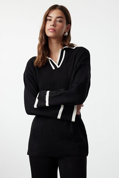 Trendyol Modest Fekete Ecru Piping Kötött pulóver nadrág felső és alsó készlet TCTAW25US00015