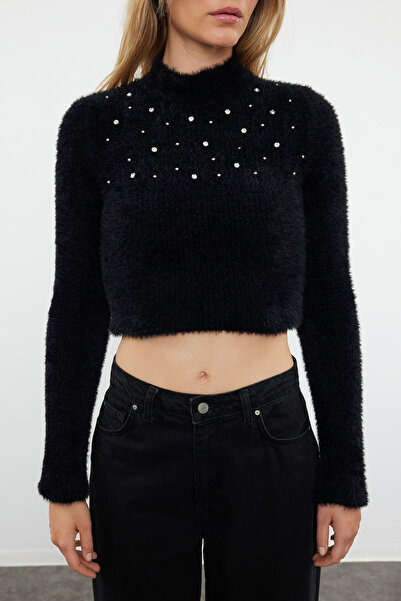 Trendyol Collection Pulover crop tricot negru cu textura moale - Detaliat margele TWOAW25KZ00143