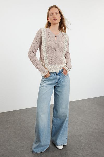 Trendyol Collection Пудра дантелена ажурна/трикотажна жилетка с дупки TWOAW24KZ01059