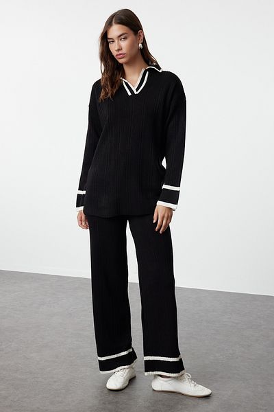 Trendyol Modest Fekete Ecru Piping Kötött pulóver nadrág felső és alsó készlet TCTAW25US00015