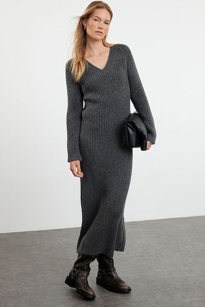 Trendyol Collection Maxi Knitwear Wool Anthracite Dress - Basic Model TWOAW25EL00002