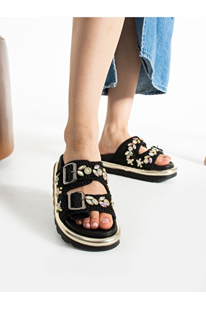 Alemdar Shoes Stone Detailed Black Knitwear Women's Slippers