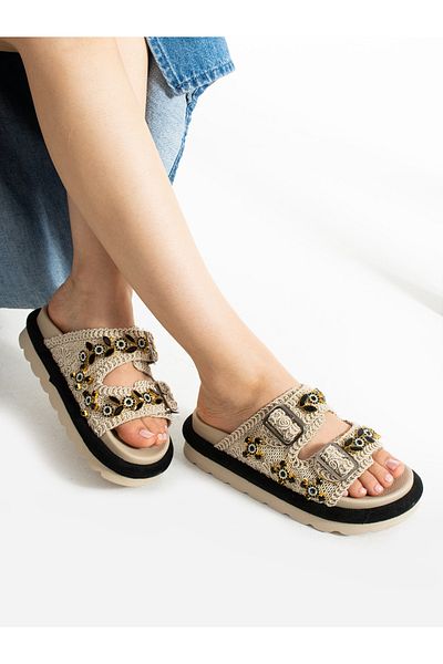 Alemdar Shoes Γυναικείες παντόφλες πλεκτές κρέμας με πέτρινη λεπτομέρεια