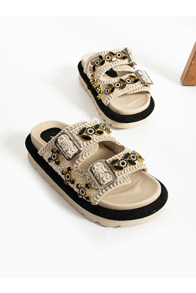 Alemdar Shoes Stone Detailed Cream Knitwear Women's Slippers