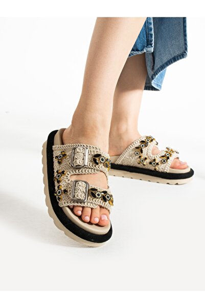 Alemdar Shoes Stone Detailed Cream Knitwear Women's Slippers