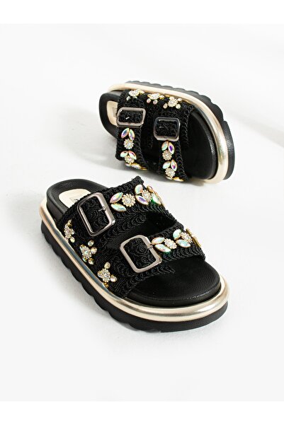 Alemdar Shoes Stone Detailed Black Knitwear Women's Slippers